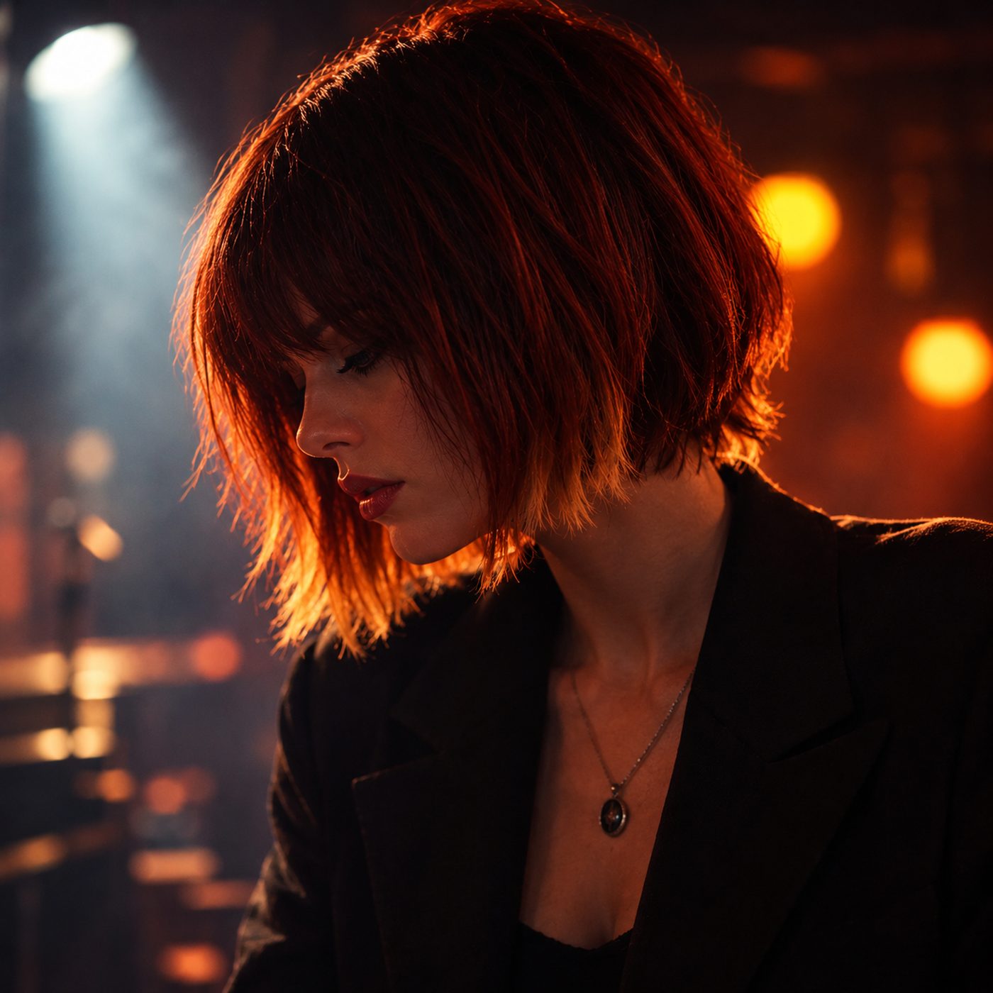 Amy Davis, backlit in red and blue stage light