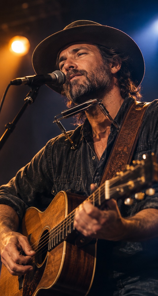Chase Liberty performing live with an acoustic guitar and harmonica